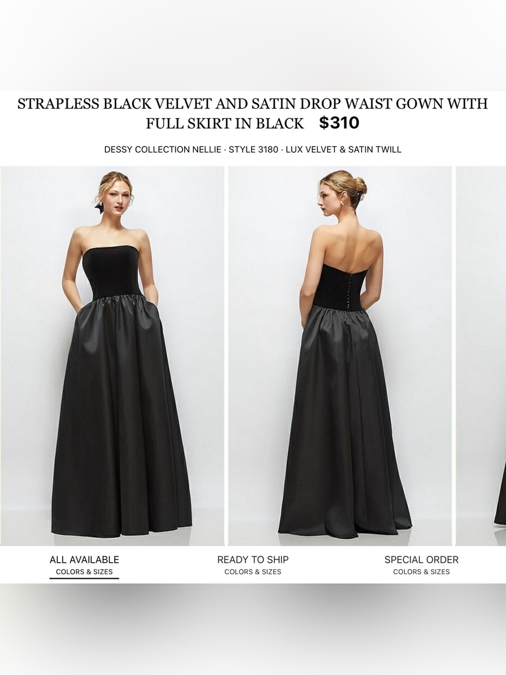 Dessy Collection Strapless Black Velvet & Satin Gown